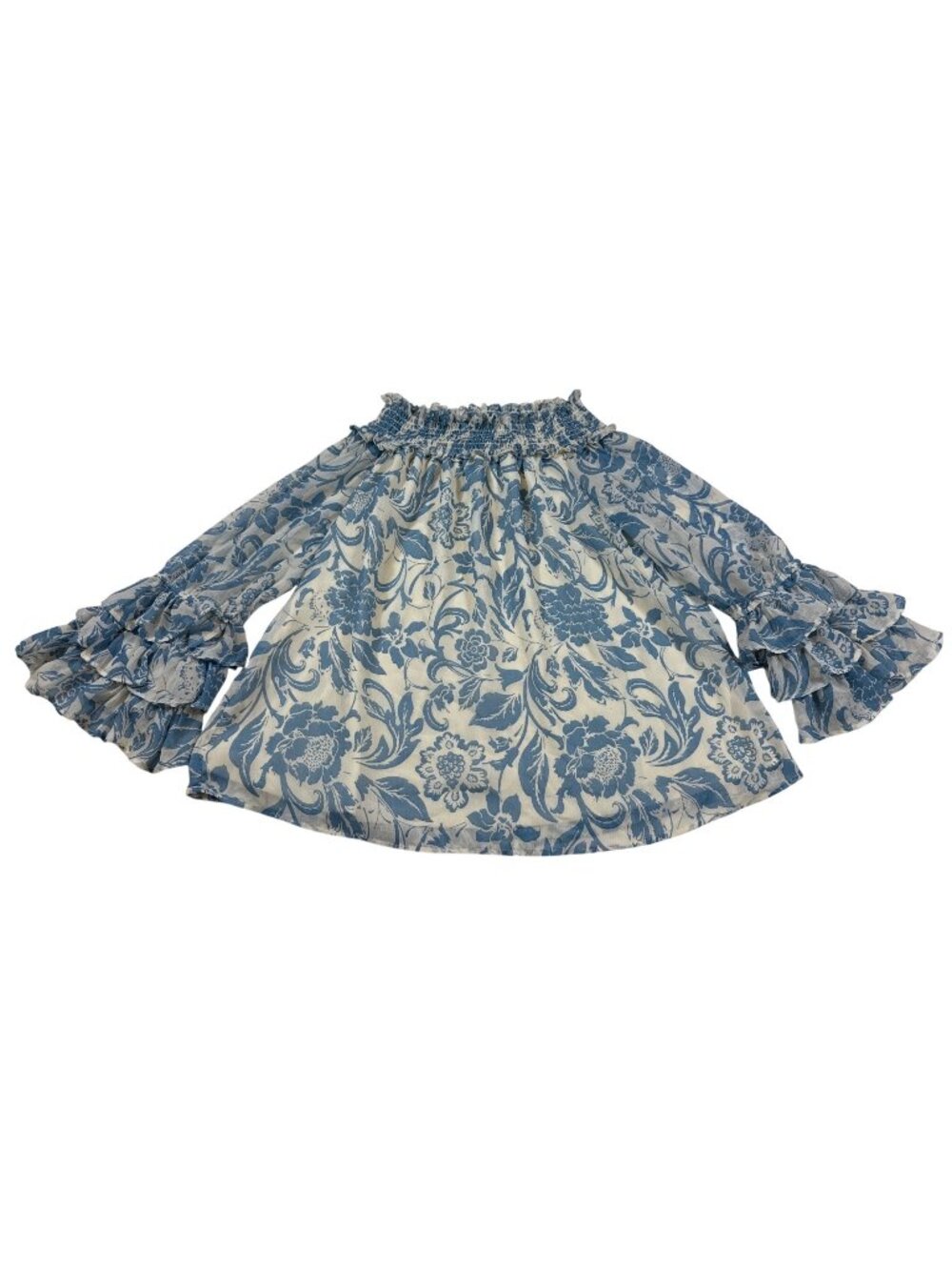 CeCe Floral Print Off-Shoulder Medium Ruffle Sleeve Cream/Blue Blouse (CC1056)